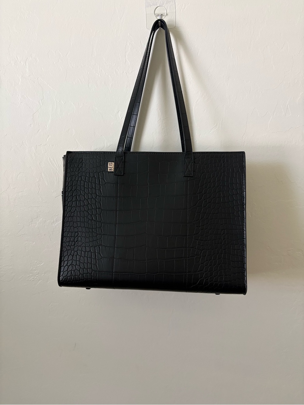 BEIS Black Croc-Embossed Structured Tote